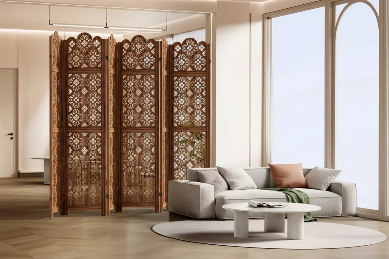 6-Panel Wood Room Divider, 95 x 67 Inch Folding Privacy Screen – Freestanding Indoor Partition, Brown