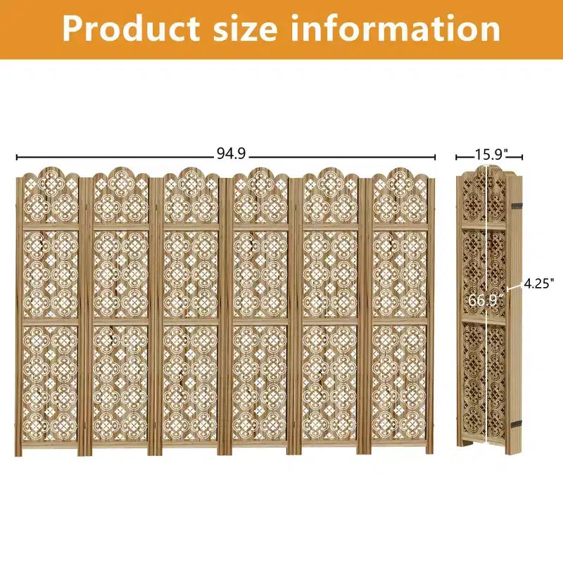6-Panel Wood Room Divider, 95 x 67 Inch Folding Privacy Screen – Freestanding Indoor Partition, Brown