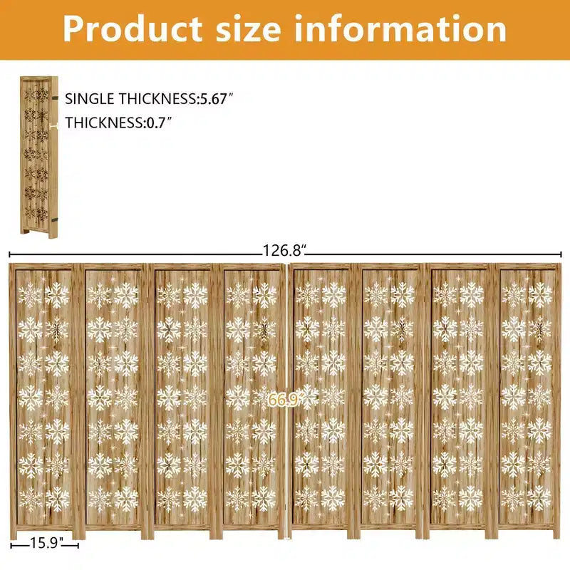8-Panel Wood Room Divider, 127 x 67 Inch Folding Privacy Screen – Freestanding Indoor Partition, Brown