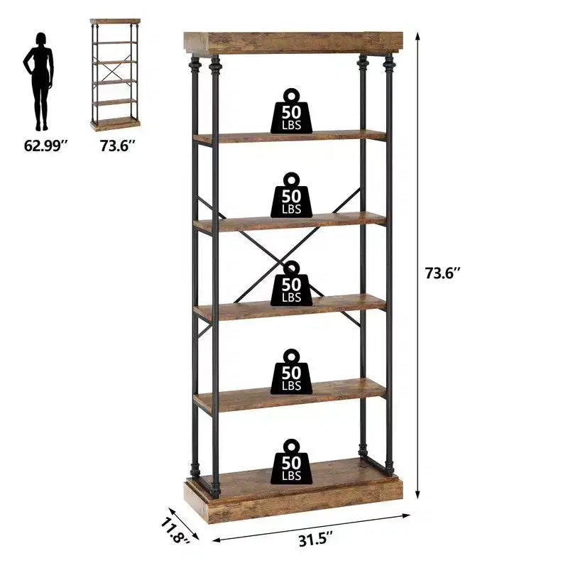 Industrielles 6-stöckiges Bücherregal – Metallrahmen rustikales hohes Bücherregal und Präsentationsregal für Schlafzimmer, Wohnzimmer und Home Office  