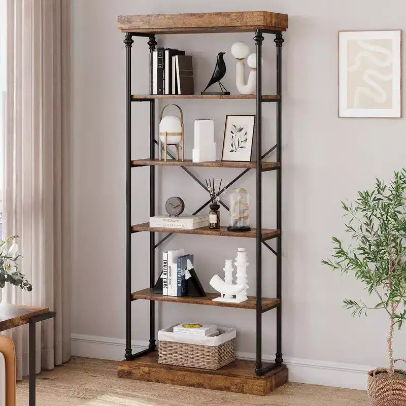 Industrielles 6-stöckiges Bücherregal – Metallrahmen rustikales hohes Bücherregal und Präsentationsregal für Schlafzimmer, Wohnzimmer und Home Office  