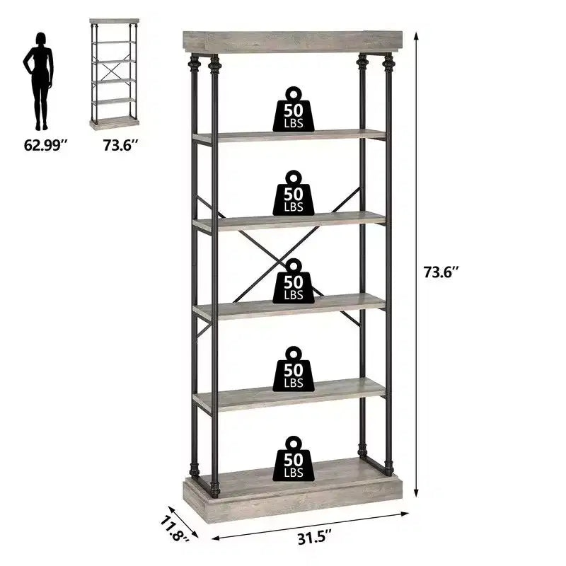 Industrial 6 Tier Bookshelf – Metal Frame Rustic Tall Bookcase and Display Rack for Bedroom, Living Room and Home Office