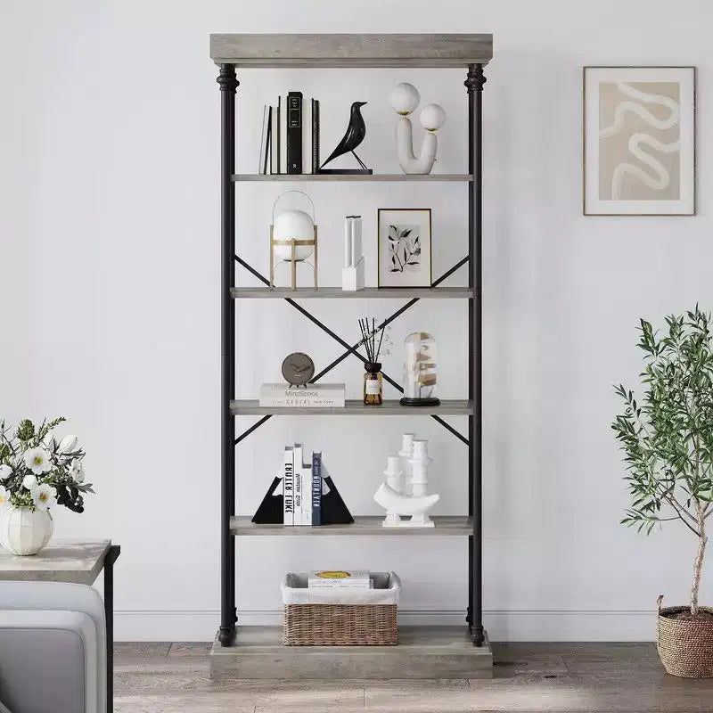 Industrielles 6-stöckiges Bücherregal – Metallrahmen rustikales hohes Bücherregal und Präsentationsregal für Schlafzimmer, Wohnzimmer und Home Office  