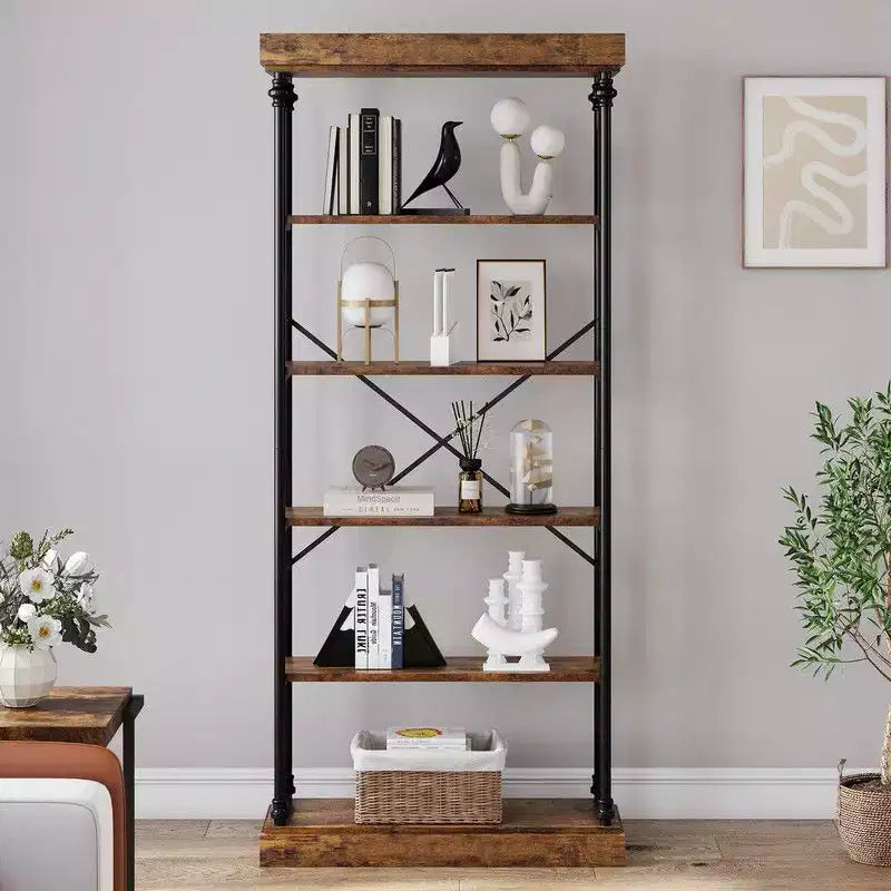 Industrial 6 Tier Bookshelf – Metal Frame Rustic Tall Bookcase and Display Rack for Bedroom, Living Room and Home Office