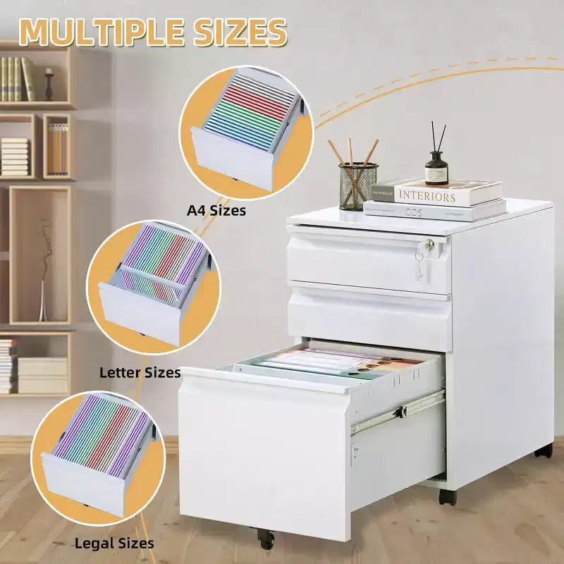 3-Schubladen-Aktenschrank mit 4 Rollen und Schloss – rollbarer Aktenschrank für A4-, Letter- und Legal-Ordner, Büro und Arbeitszimmer  