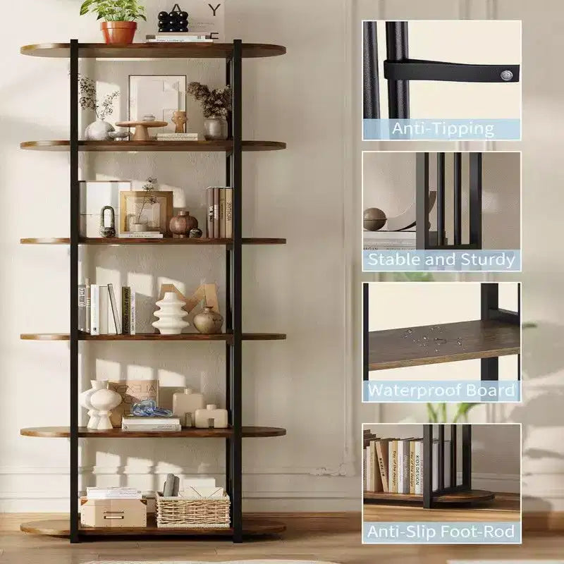 6-stöckiges industrielles Bücherregal – freistehendes Metallregal für Zuhause und Büro  