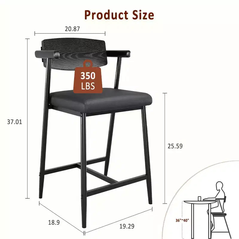 Counter Height Bar Stools with Arms and Back, Upholstered Seat and Metal Frame with Footrest for Kitchen Island and Home Bar