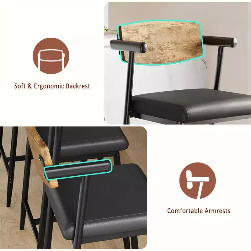 Barhocker in Tresenhöhe mit Armlehnen und Rückenlehne, gepolsterter Sitz und Metallgestell mit Fußstütze für Kücheninsel und Hausbar