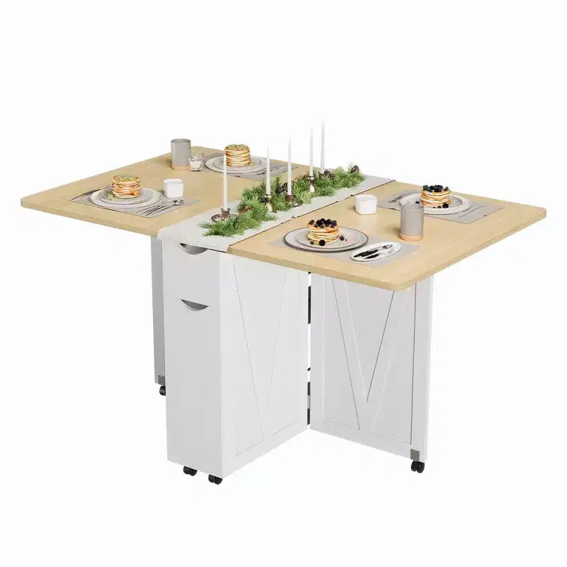 Folding Dining Table for Small Spaces with Storage Cabinet, Drawer and Wheels – Drop Leaf Table Seats 4, Space-Saving Kitchen Island