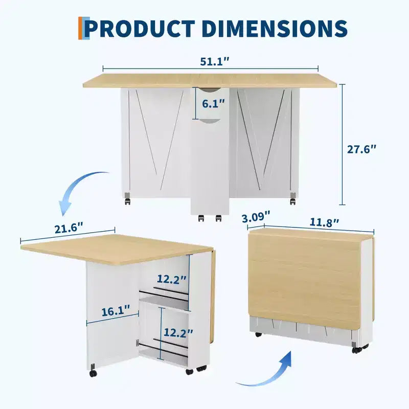 Folding Dining Table for Small Spaces with Storage Cabinet, Drawer and Wheels – Drop Leaf Table Seats 4, Space-Saving Kitchen Island