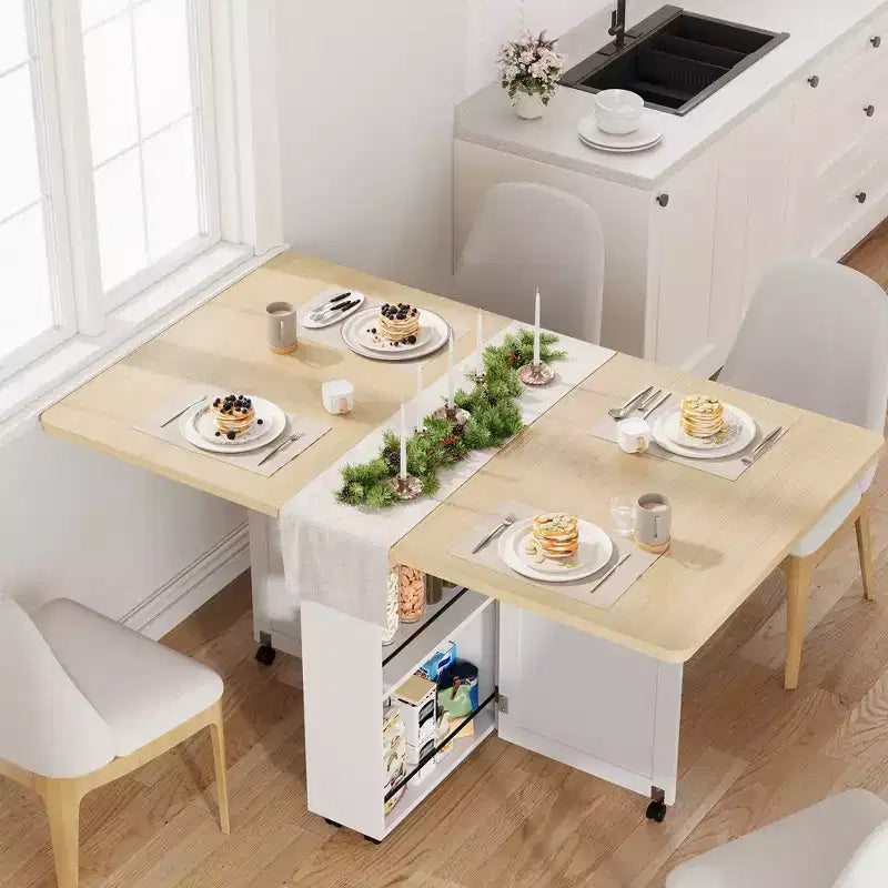 Folding Dining Table for Small Spaces with Storage Cabinet, Drawer and Wheels – Drop Leaf Table Seats 4, Space-Saving Kitchen Island