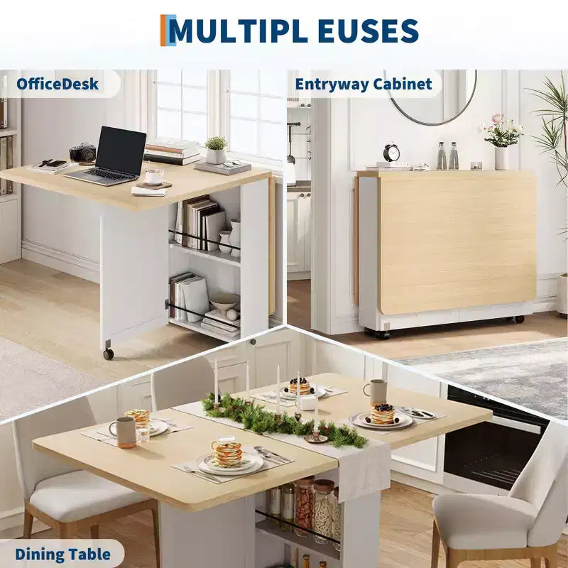 Klappbarer Esstisch für kleine Räume mit Aufbewahrungsschrank, Schublade und Rollen – Ausklappbarer Tisch für 4 Personen, platzsparende Kücheninsel