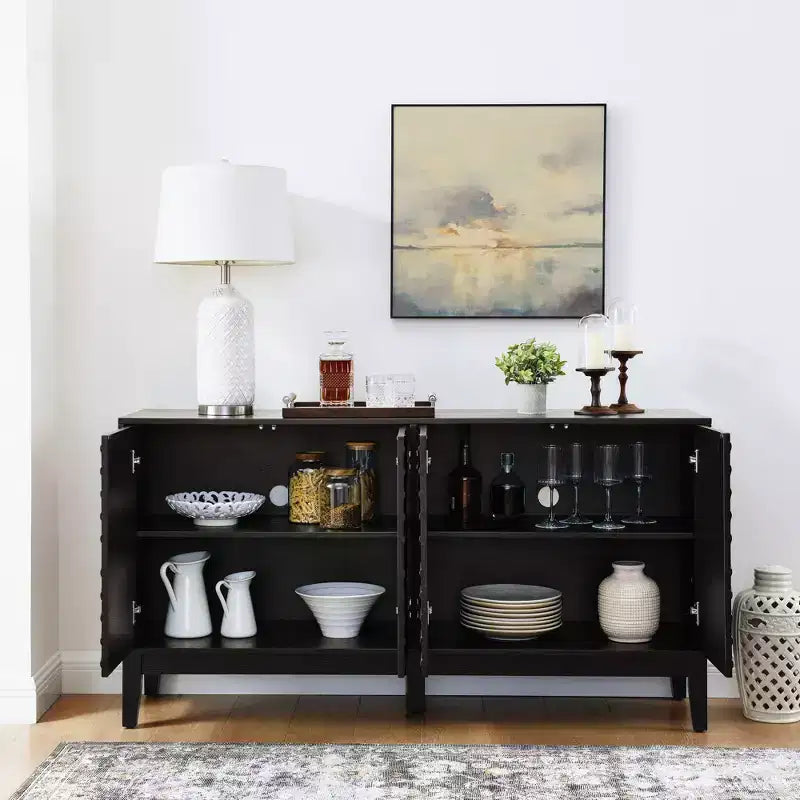 60,5-Zoll Buffet-Schrank mit Stauraum, geriffelten Türen und verstellbaren Regalen – Bauernhaus-Sideboard TV-Ständer fürs Wohnzimmer