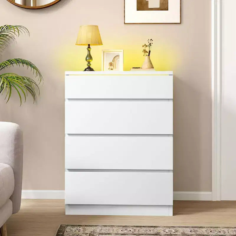 Modern 4 Drawer Dresser with LED Light and Tempered Glass Top – Bedroom and Living Room Storage Organizer