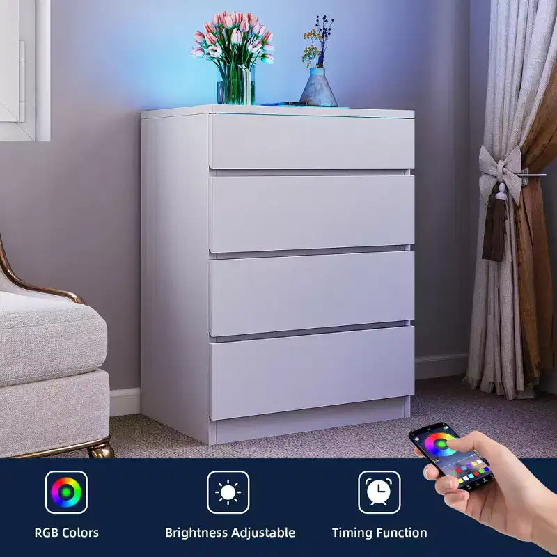 Moderner 4-Schubladen-Kommode mit LED-Licht und Sicherheitsglasplatte – Aufbewahrungsorganizer für Schlafzimmer und Wohnzimmer