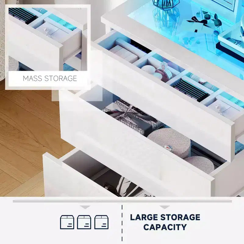 Modern 4 Drawer Dresser with LED Light and Tempered Glass Top – Bedroom and Living Room Storage Organizer
