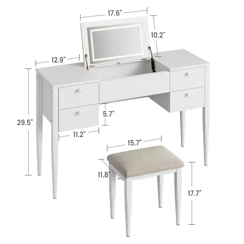 47-Zoll Schminktisch mit Beleuchtung, Hocker, Klappdeckel und Spiegel – Frisierkommode mit Stauraum fürs Schlafzimmer