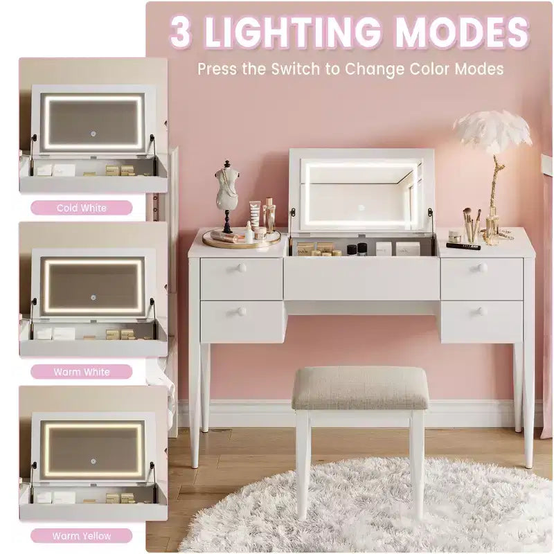 47-Zoll Schminktisch mit Beleuchtung, Hocker, Klappdeckel und Spiegel – Frisierkommode mit Stauraum fürs Schlafzimmer