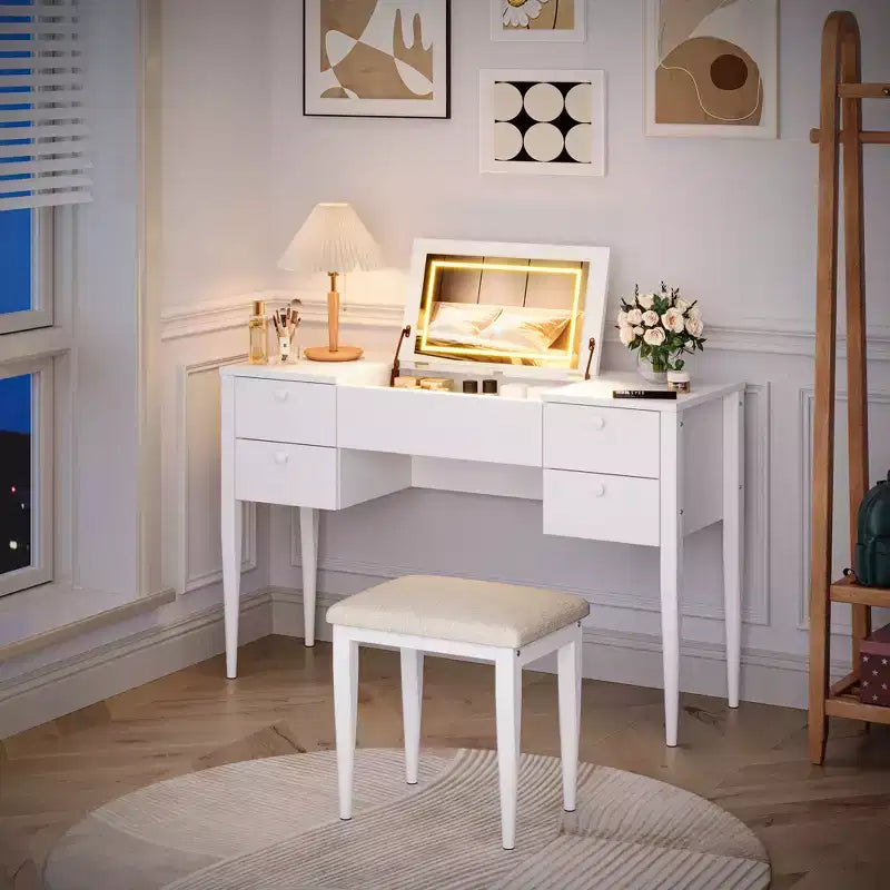 47-Zoll Schminktisch mit Beleuchtung, Hocker, Klappdeckel und Spiegel – Frisierkommode mit Stauraum fürs Schlafzimmer