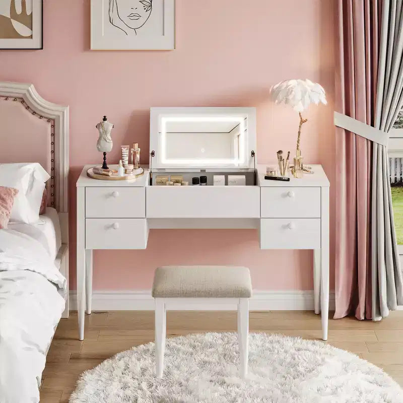 47-Zoll Schminktisch mit Beleuchtung, Hocker, Klappdeckel und Spiegel – Frisierkommode mit Stauraum fürs Schlafzimmer