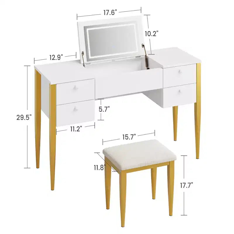 47-Zoll Schminktisch mit Beleuchtung, Hocker, Klappdeckel und Spiegel – Frisierkommode mit Stauraum fürs Schlafzimmer