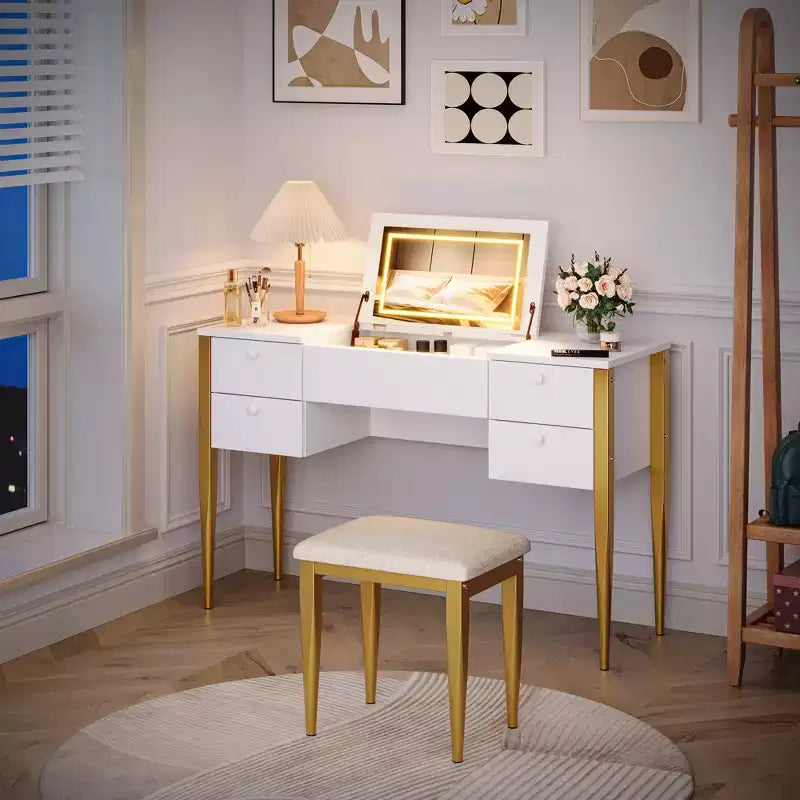 47-Inch Makeup Vanity Desk with Lights, Stool, Flip-Top and Mirror – Dressing Table with Storage for Bedroom
