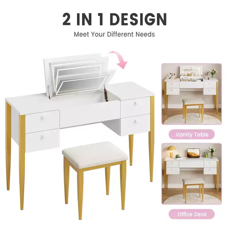 47-Inch Makeup Vanity Desk with Lights, Stool, Flip-Top and Mirror – Dressing Table with Storage for Bedroom