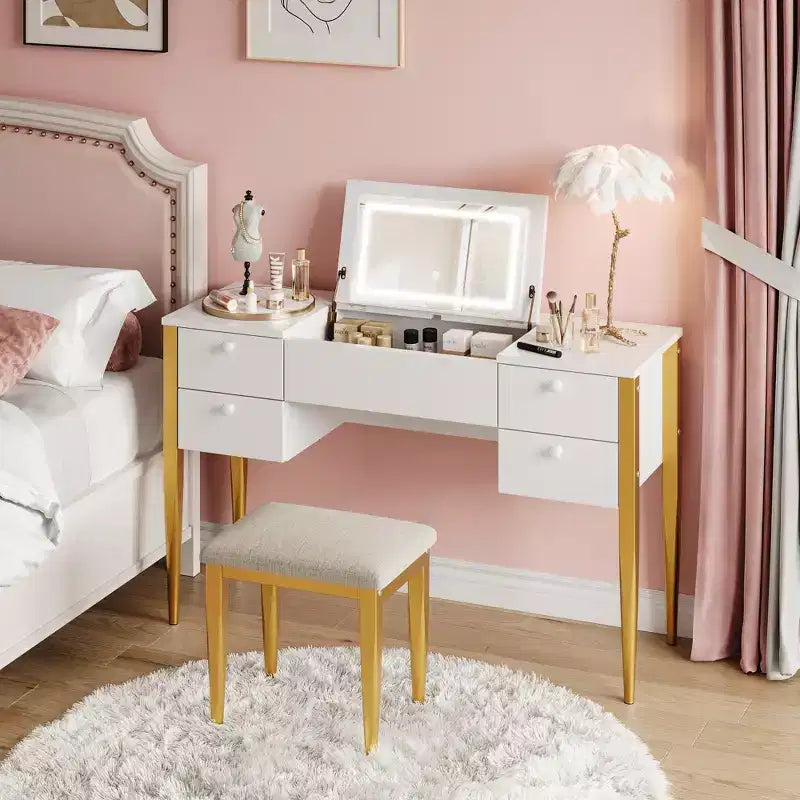 47-Zoll Schminktisch mit Beleuchtung, Hocker, Klappdeckel und Spiegel – Frisierkommode mit Stauraum fürs Schlafzimmer
