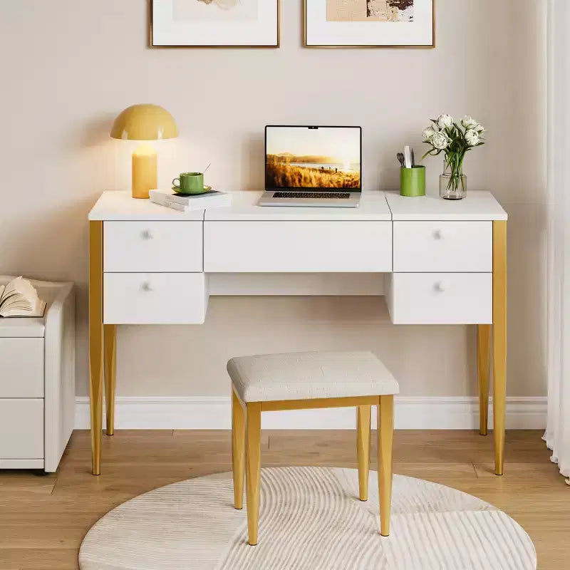 47-Zoll Schminktisch mit Beleuchtung, Hocker, Klappdeckel und Spiegel – Frisierkommode mit Stauraum fürs Schlafzimmer