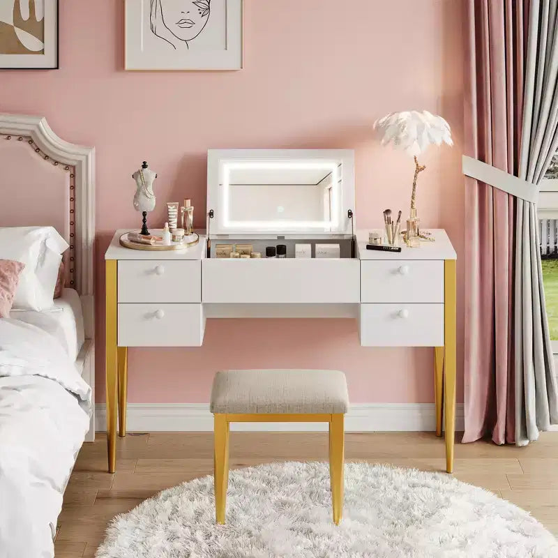 47-Zoll Schminktisch mit Beleuchtung, Hocker, Klappdeckel und Spiegel – Frisierkommode mit Stauraum fürs Schlafzimmer