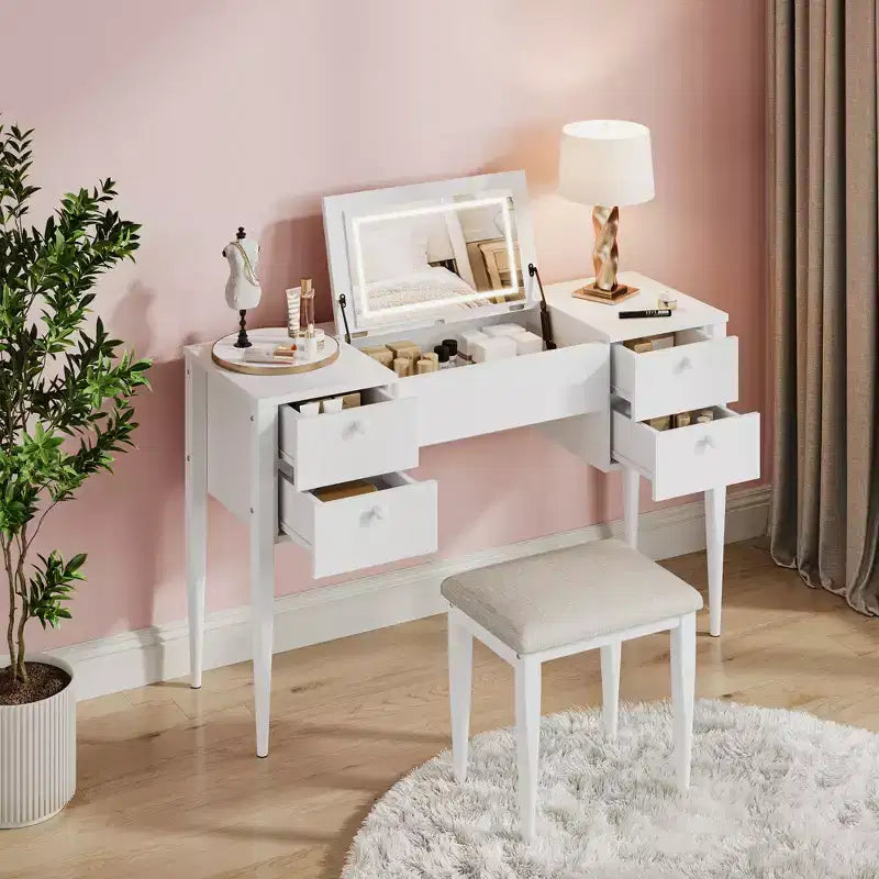47-Inch Makeup Vanity Desk with Lights, Stool, Flip-Top and Mirror – Dressing Table with Storage for Bedroom