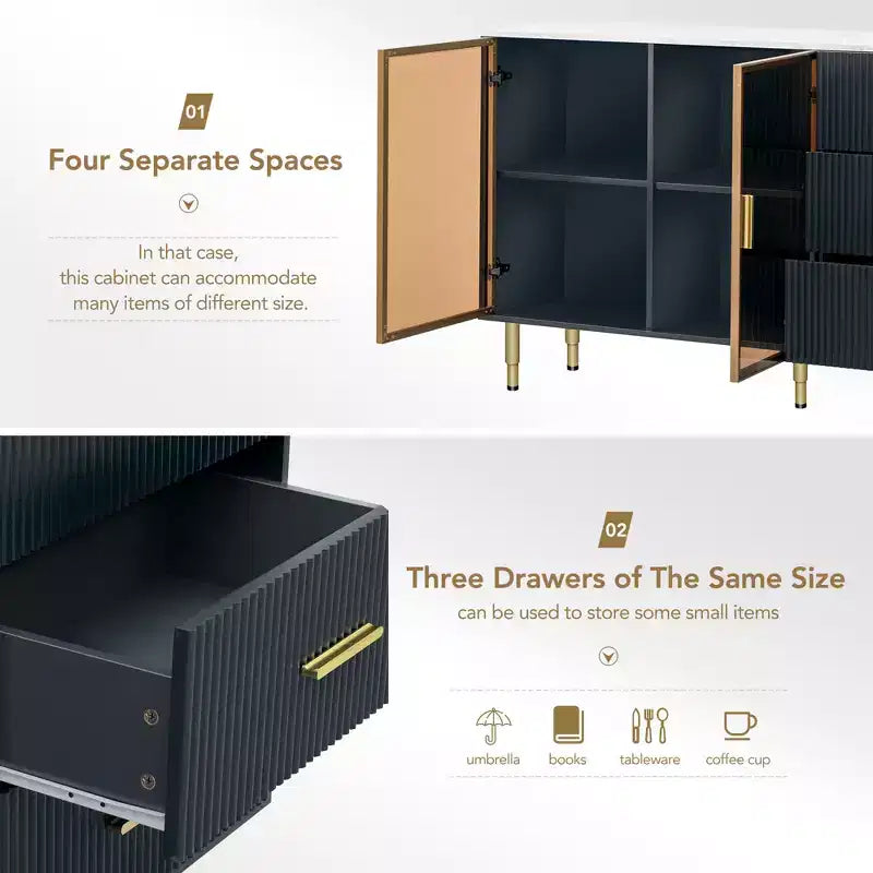 Moderner Sideboard-Buffetschrank mit Sicherheitsglastüren, 3 Schubladen und verstellbaren Regalen – Navyblauer Aufbewahrungsschrank
