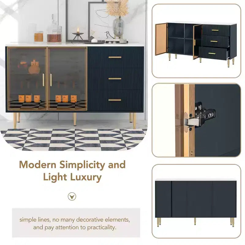 Modern Sideboard Buffet Cabinet with Tempered Glass Doors, 3 Drawers and Adjustable Shelves – Navy Blue Storage Cabinet