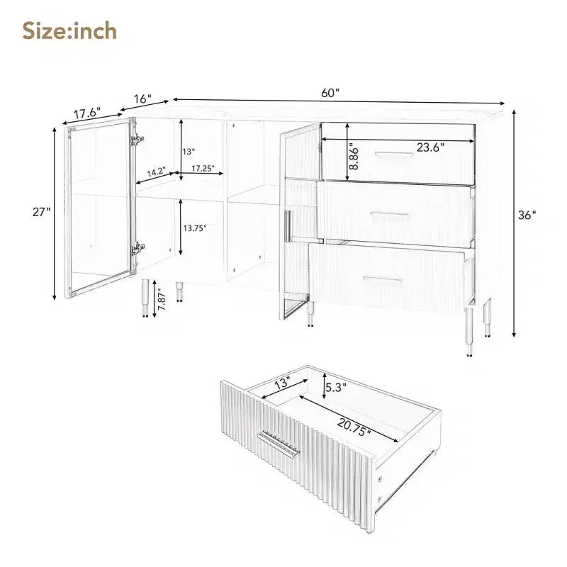 Modern Sideboard Buffet Cabinet with Tempered Glass Doors, 3 Drawers and Adjustable Shelves – Navy Blue Storage Cabinet