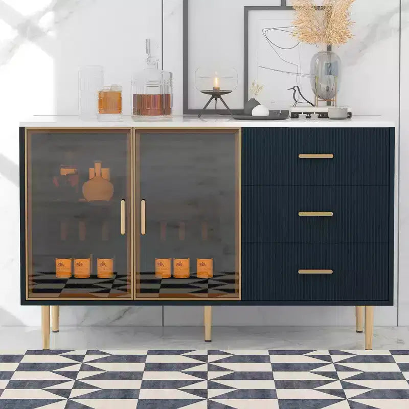Moderner Sideboard-Buffetschrank mit Sicherheitsglastüren, 3 Schubladen und verstellbaren Regalen – Navyblauer Aufbewahrungsschrank