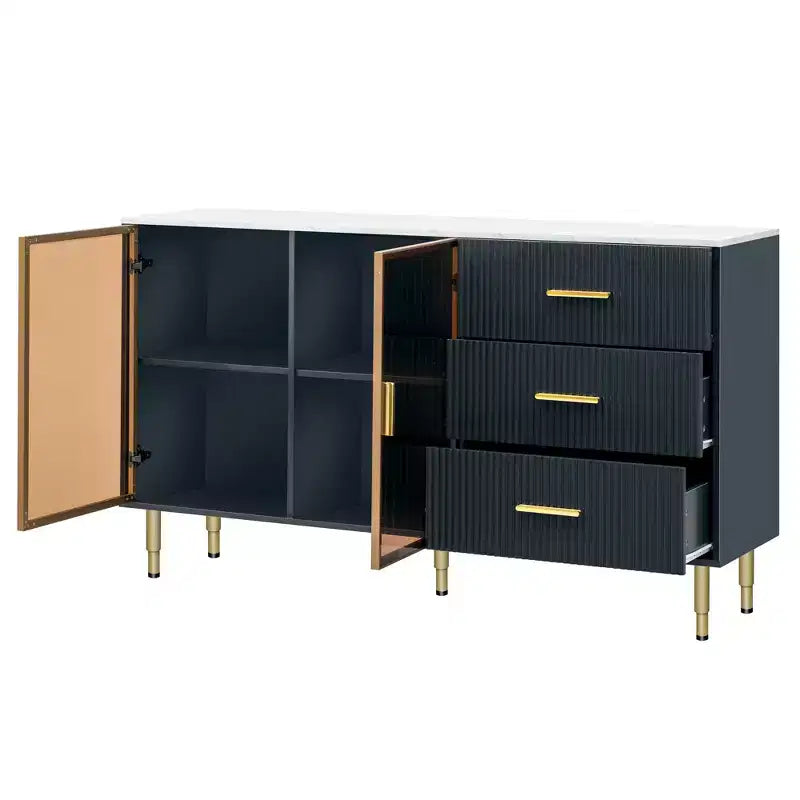Moderner Sideboard-Buffetschrank mit Sicherheitsglastüren, 3 Schubladen und verstellbaren Regalen – Navyblauer Aufbewahrungsschrank