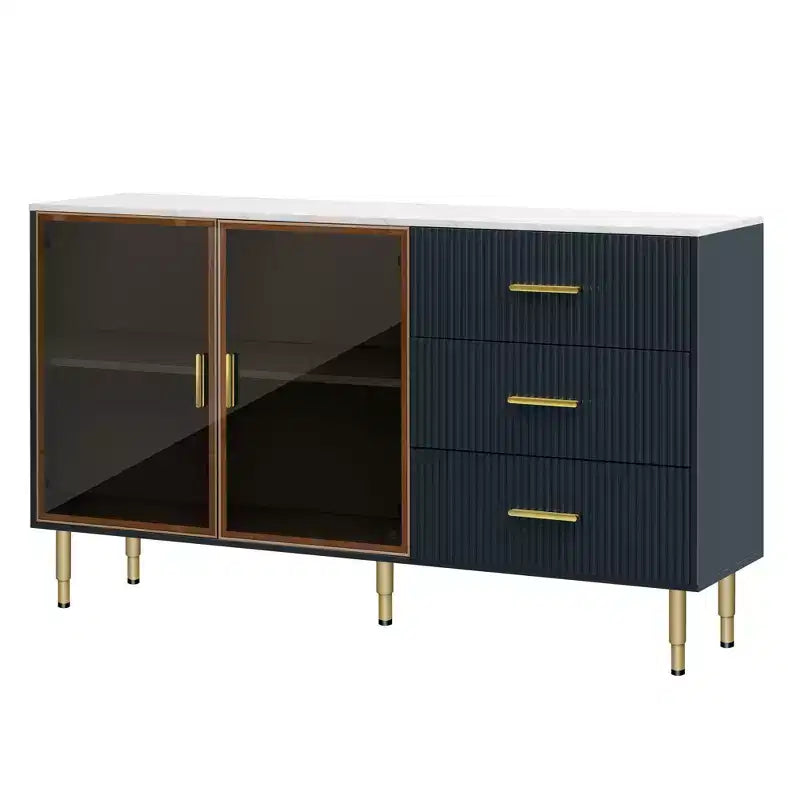 Moderner Sideboard-Buffetschrank mit Sicherheitsglastüren, 3 Schubladen und verstellbaren Regalen – Navyblauer Aufbewahrungsschrank