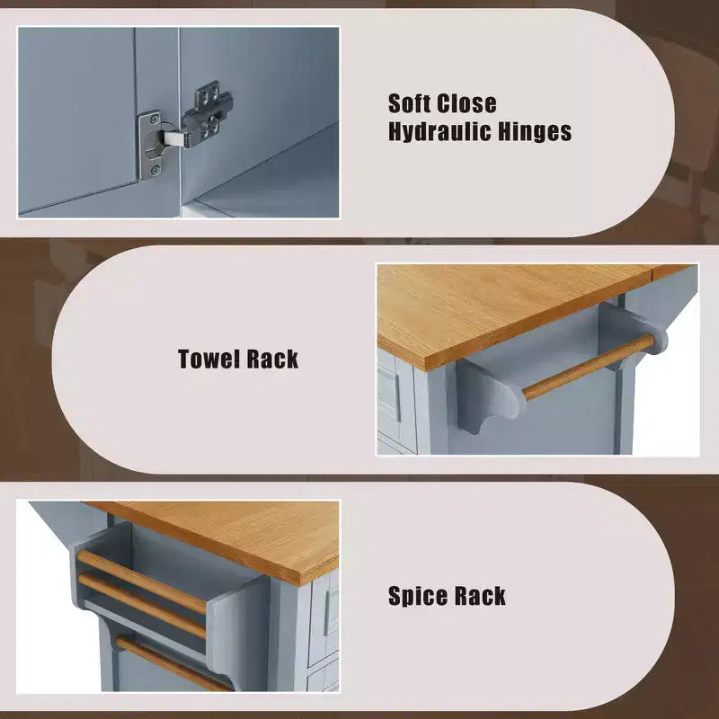 52" Kitchen Island with Embossed Texture, Spice Rack, Drop Leaf & 5 Drawers – Rolling Cart with Lockable Wheels