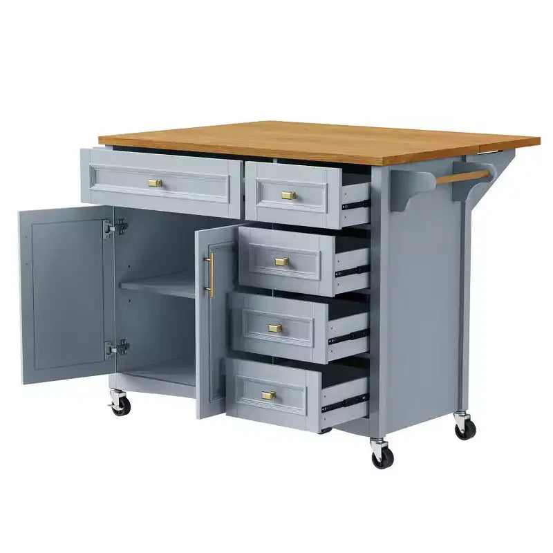 52" Kitchen Island with Embossed Texture, Spice Rack, Drop Leaf & 5 Drawers – Rolling Cart with Lockable Wheels