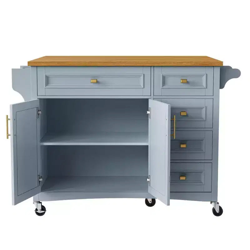 52" Kitchen Island with Embossed Texture, Spice Rack, Drop Leaf & 5 Drawers – Rolling Cart with Lockable Wheels
