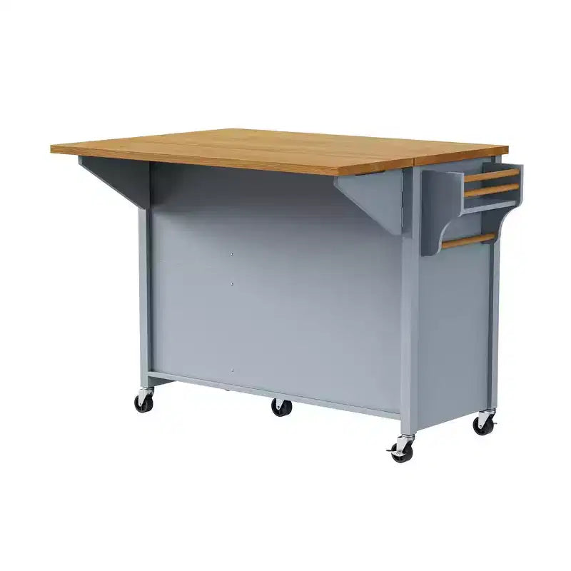52" Kitchen Island with Embossed Texture, Spice Rack, Drop Leaf & 5 Drawers – Rolling Cart with Lockable Wheels