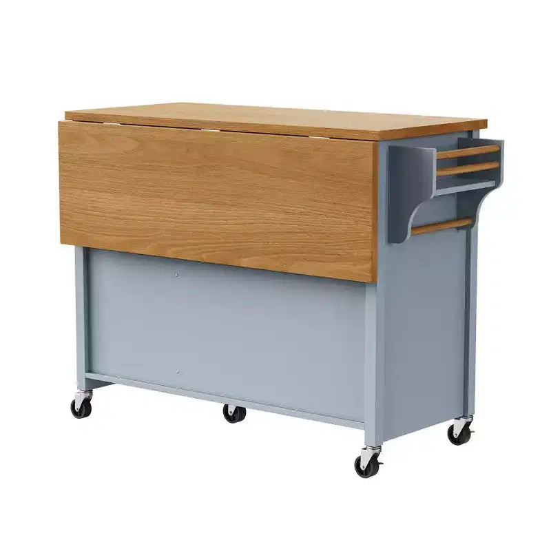 52" Kitchen Island with Embossed Texture, Spice Rack, Drop Leaf & 5 Drawers – Rolling Cart with Lockable Wheels