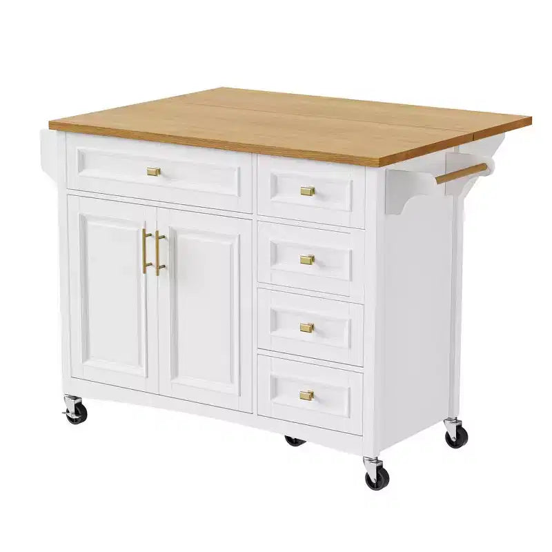 52" Kitchen Island with Embossed Texture, Spice Rack, Drop Leaf & 5 Drawers – Rolling Cart with Lockable Wheels