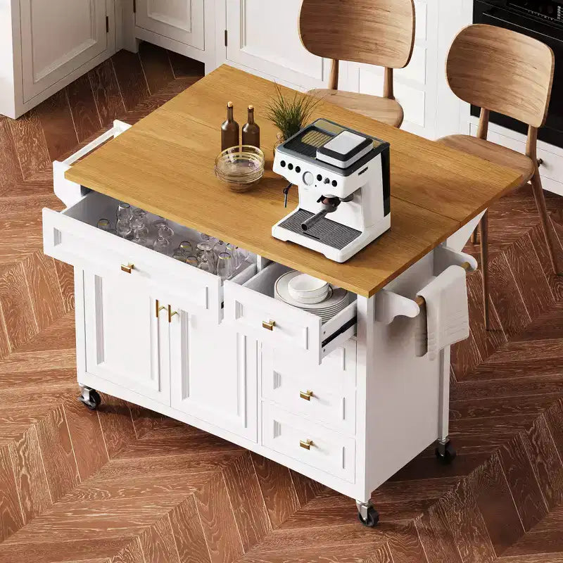 52" Kitchen Island with Embossed Texture, Spice Rack, Drop Leaf & 5 Drawers – Rolling Cart with Lockable Wheels