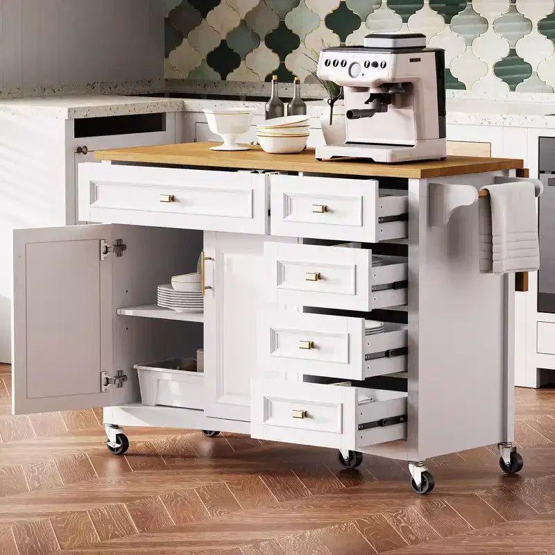 52" Kitchen Island with Embossed Texture, Spice Rack, Drop Leaf & 5 Drawers – Rolling Cart with Lockable Wheels