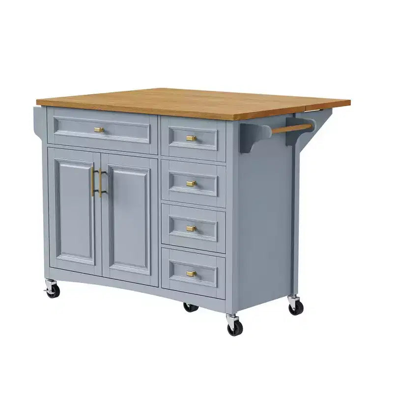 52" Kitchen Island with Embossed Texture, Spice Rack, Drop Leaf & 5 Drawers – Rolling Cart with Lockable Wheels