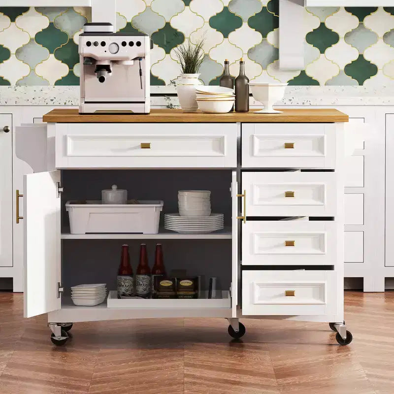 52" Kitchen Island with Embossed Texture, Spice Rack, Drop Leaf & 5 Drawers – Rolling Cart with Lockable Wheels