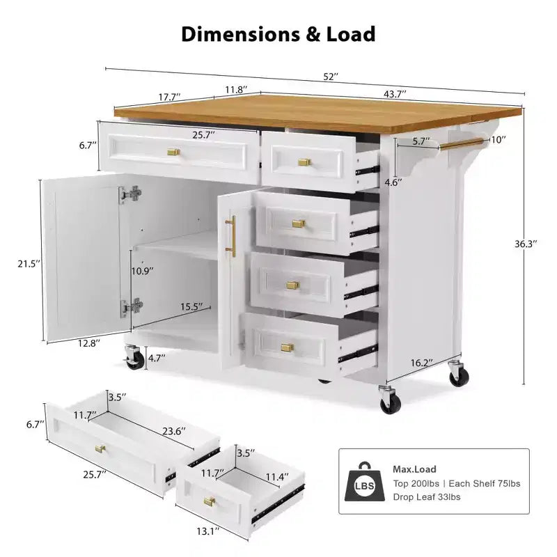 52" Kitchen Island with Embossed Texture, Spice Rack, Drop Leaf & 5 Drawers – Rolling Cart with Lockable Wheels