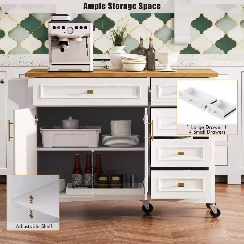 52" Kitchen Island with Embossed Texture, Spice Rack, Drop Leaf & 5 Drawers – Rolling Cart with Lockable Wheels