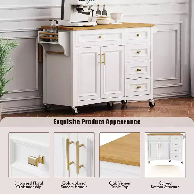 52" Kitchen Island with Embossed Texture, Spice Rack, Drop Leaf & 5 Drawers – Rolling Cart with Lockable Wheels